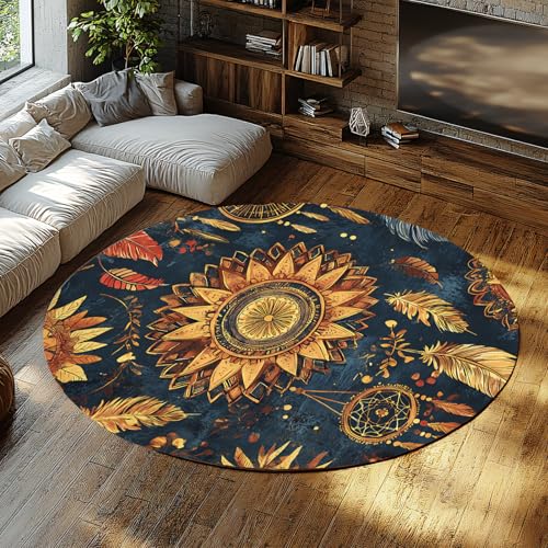 Lebendiger Boho Circular Carpet Ethnic Tribal Feder gemusterte runde Teppiche Waschbarer Rutschfester Niederflorteppich für Wohnzimmer Büro 150cm Lebendiger Boho Circular Carpet Ethnic Tribal Feder gemusterte runde Teppiche Waschbarer Rutschfester Niederflorteppich für Wohnzimmer Büro 150cm von LANDERSION