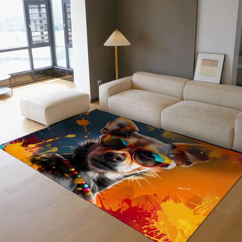 Lebendiger Hundebereich Teppich Tier mit Sonnenbrille Muster Teppiche Ultra weicher Rutschfester dünner Teppich für Eingangsbereich Bauernhaus Schlafzimmer Terrasse 160x230cm von LANDERSION