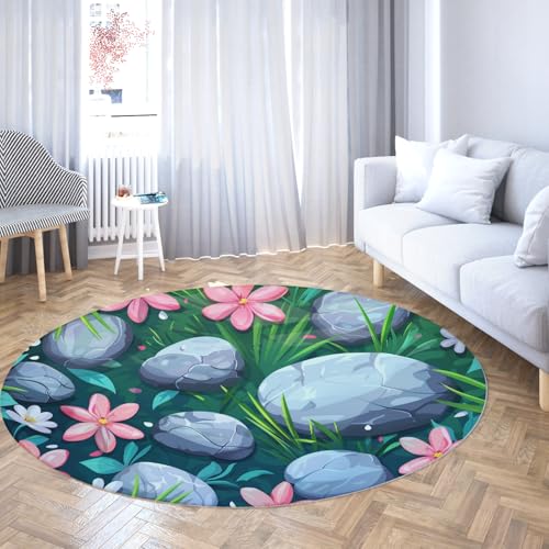 Lebhafter Natur Themenkreis Bereich Teppich Illustriertes Grün Rosa Blumen Runde Teppiche Weicher waschbarer großer Teppich für Wohnzimmer Studio 200cm von LANDERSION