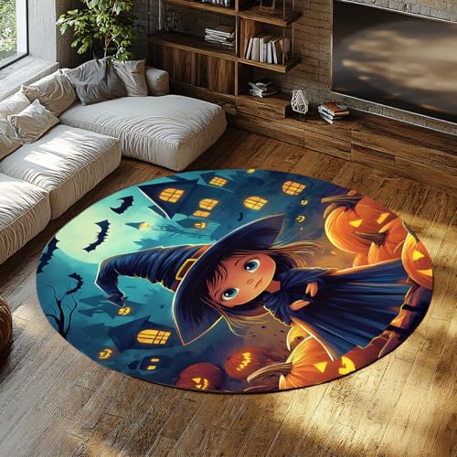 Magische Hexe Halloween Runde Fläche Teppiche Spooky Gothic Schloss Kürbis Fledermaus Gruseliger Kreisförmiger waschbarer Teppich für Schlafzimmer Wohnzimmer Kinderzimmer 150cm Magische Hexe Halloween Runde Fläche Teppiche Spooky Gothic Schloss Kürbis Fledermaus Gruseliger Kreisförmiger waschbarer Teppich für Schlafzimmer Wohnzimmer Kinderzimmer 150cm von LANDERSION
