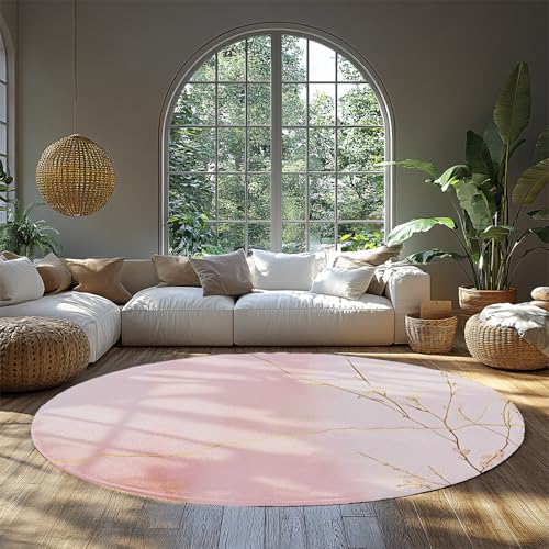 Marmorkollektion Rosa Runde Teppiche Abstrakte Gold Zweig Indoor Runde Teppiche Weicher niedriger Florteppich für Wohnzimmer Schlafzimmer Schlafsaal 150cm von LANDERSION