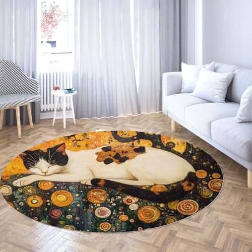 Mid Century waschbare runde Teppiche weiße Katze Moderne abstrakte Geometrie Retro Boho Fußmatten für den Eingangsbereich Wohnzimmer Schlafzimmer Dekor 140cm von LANDERSION