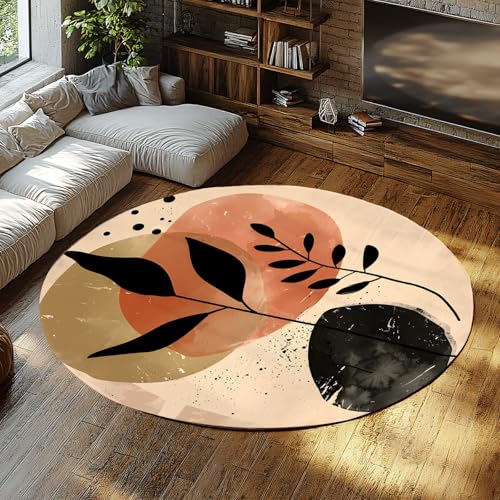 Minimalistische runde Teppiche mit schwarzem Blattdruck Vintage Boho Abstrakter kreisförmiger Teppich Bauernhaus Rutschfester Niederflorteppich für Wohnzimmer Küche 80cm Minimalistische runde Teppiche mit schwarzem Blattdruck Vintage Boho Abstrakter kreisförmiger Teppich Bauernhaus Rutschfester Niederflorteppich für Wohnzimmer Küche 80cm von LANDERSION