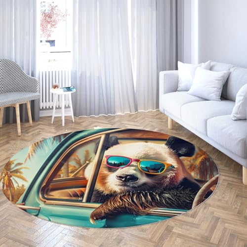 Mode Panda Dekor Runder Teppich für Wohnzimmer Schicke Sonnenbrille Spaß Design Kreis Bereich Teppiche Rutschfester dünner Teppich für Schlafzimmer Balkon 200cm von LANDERSION