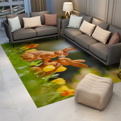Moderne Frühling Dekor Teppiche Tulpe Blume Kaninchen 3D Druck Muster Grün Bereich Teppich Weich waschbar tragbarer dünner Teppich für Schlafzimmer Balkon 150x210cm von LANDERSION