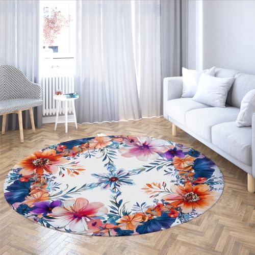 Moderne helle Florale runde Flächenteppiche Lebendiger botanischer Chic Boho-Teppich Rutschfester niedrigfloriger Kreisteppich für Wohnzimmer Kinderzimmer Schlafzimmer 150cm von LANDERSION