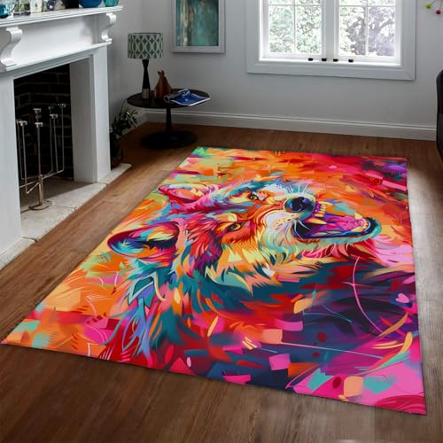 Moderner Aquarell Wolf Teppich Rutschfester waschbarer niedrigfloriger Flächenteppich Bunter Pop-Art-Teppich für Schlafzimmer Wohnzimmer Innendekoration Bodenmatte 90x120cm Moderner Aquarell Wolf Teppich Rutschfester waschbarer niedrigfloriger Flächenteppich Bunter Pop-Art-Teppich für Schlafzimmer Wohnzimmer Innendekoration Bodenmatte 90x120cm von LANDERSION