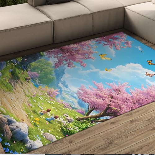 Natürlicher Frühling Thema Bereich Teppich Illustriert Kinder Rosa Kirschblüte Schmetterling Bauernhaus Teppiche Rutschfester Kleiner Teppich für Schlafzimmer 100x150cm von LANDERSION
