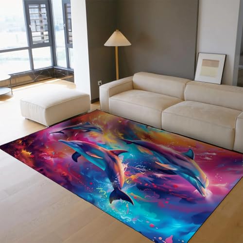 Niedliche Delphinteppiche Traumhafter Abstrakter Unterwasser-Ozean-Teppich Waschbarer Rutschfester weicher Teppich mit niedrigem Flor für Wohnzimmer Küche Kinderzimmer 160x230cm von LANDERSION