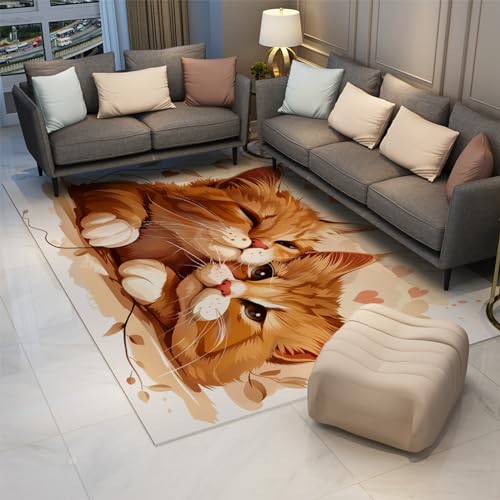 Niedliche Tier Cartoon Teppiche Romantische Katze Brauner Teppich für Raumdekoration Rutschfester weicher Niederflorteppich für Wohnzimmer, Schlafzimmer und Küche 60x90cm von LANDERSION