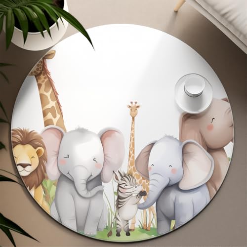 Niedliche Tiere Kinderzimmerteppich Runde Giraffe Elefant Löwe Cartoon Bereich Teppiche für Jungen Mädchen Schlafzimmer Rutschfester weicher Teppich für Spielzimmer Klassenzimmer 140cm von LANDERSION