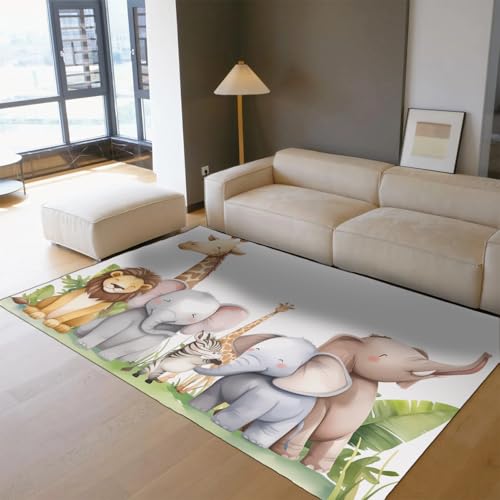 Niedliche Tiere Kinderzimmerteppiche Giraffe Elefant Löwe Cartoon Bereich Teppiche für Schlafzimmer Rutschfester weicher dünner Teppich für Klassenzimmer Spielzimmer 120x180cm von LANDERSION