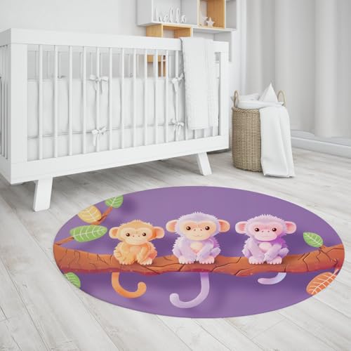 Niedlicher AFFE runder Teppich Cartoon Tiermuster lila Teppiche für Wohnzimmer Schlafzimmer Niedlicher brauner AST waschbarer dünner Kinderzimmerteppich 120cm von LANDERSION