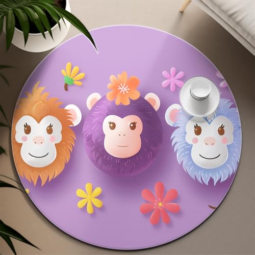 Niedlicher Cartoon AFFE Runde Teppiche Hübscher Blumendruck Lila Bereich Teppich Waschbar Flauschiger niedriger Flor Kreis Teppich für Kinderzimmer Schlafzimmer Klassenzimmer 200cm von LANDERSION