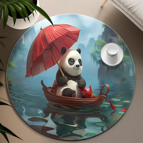 Niedlicher Cartoon Panda Runder Teppich See Wasser Boot Roter Regenschirm Natur Landschaft Bereich Teppiche Rutschfester niedriger Florteppich für Wohnzimmer Kinderzimmer 200cm von LANDERSION