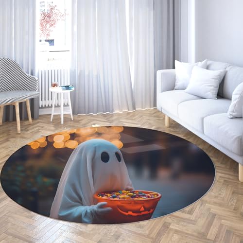 Niedlicher Halloween Urlaub Dekor Runder Teppich Spooky Ghost Holding Süßigkeiten Szene Teppich Weich flauschig waschbar Kreis Bereich Teppiche für Schlafzimmer Terrasse 140cm von LANDERSION
