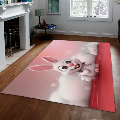 Niedlicher Kaninchen-Teppich für Kinderzimmer Cartoon Bunny Tier weiße Wolke rosa Teppiche Rutschfester niedrigfloriger waschbarer Teppich für Schlafzimmer Klassenzimmer 100x150cm von LANDERSION