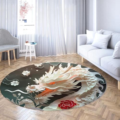 Orientalischer Drache Runder Teppich Chinesischer 3D Papierschnitt Kunst Einzigartiges Design Kreis Bereich Teppiche Waschbar Flauschig Dünner Teppich für Büro Studio 160cm von LANDERSION