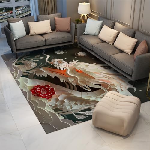 Orientalischer Drachenteppich Chinesischer 3D Papierschnitt Kunst einzigartiges Design Teppiche Waschbarer Flauschiger dünner Teppich für Büro Studio Bauernhaus 90x120cm von LANDERSION