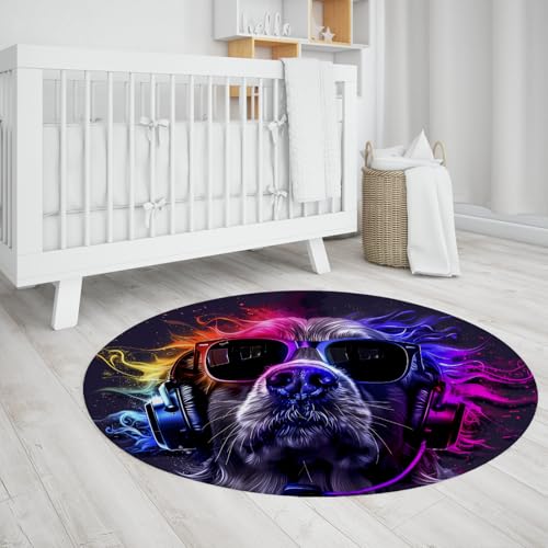 Personalisierter Tier Runde Bereich Teppich Hund mit Kopfhörern Einzigartiges Design Teppiche Tragbarer Rutschfester niedrigfloriger Kreisteppich für Spielzimmer Schlafsaal 150cm Personalisierter Tier Runde Bereich Teppich Hund mit Kopfhörern Einzigartiges Design Teppiche Tragbarer Rutschfester niedrigfloriger Kreisteppich für Spielzimmer Schlafsaal 150cm von LANDERSION