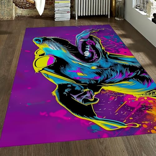 Pop Art Hundebereich Teppiche Tier mit gelbem Sonnenbrillendruck Lila Teppich Tragbarer Leichter rechteckiger Teppich für Schlafzimmer Spielzimmer 60x90cm Pop Art Hundebereich Teppiche Tier mit gelbem Sonnenbrillendruck Lila Teppich Tragbarer Leichter rechteckiger Teppich für Schlafzimmer Spielzimmer 60x90cm von LANDERSION