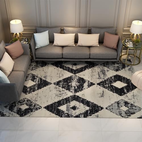 Rautenförmiger geometrischer Indoor Bauernhaus Teppich Boho minimalistischer Vintage Easy Clean Teppich ohne Haarausfall in Schwarz Grau für Schlafzimmer Küche 60x120cm von LANDERSION