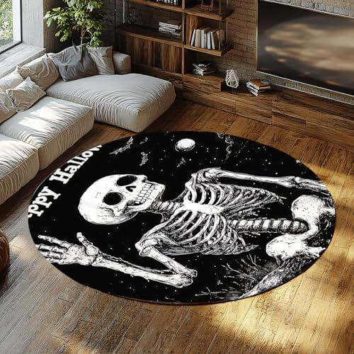 Retro Skull Circle Area Teppiche Lustiges Skelett waschbarer runder Teppich Rutschfester Innenbereich dünne Kreis Bodenmatte für Kinderzimmer Wohnzimmer Sofa Schlafsaal 150cm von LANDERSION