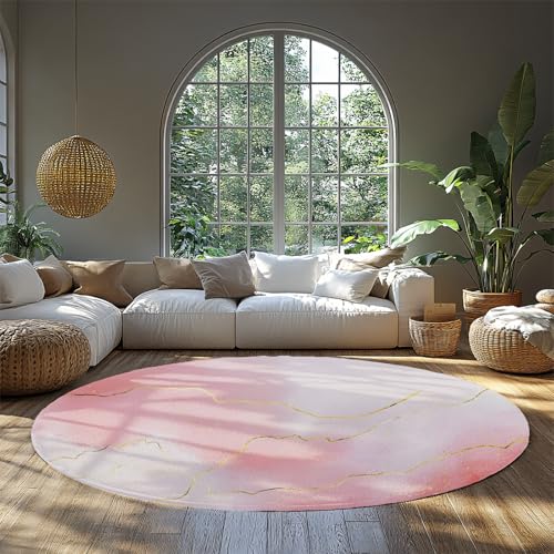Rosa runde Teppiche Abstrakter Marmor Bürotisch Stuhl Matte Rutschfester waschbarer großer Teppich für Mädchen Schlafzimmer Kinderzimmer Lounge 90cm von LANDERSION
