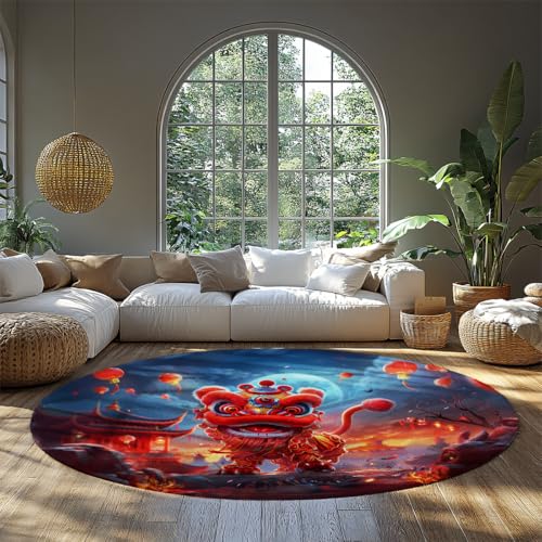 Roter Löwe Tanz Kreis Bereich Teppiche Chinesisches Neujahr Kreis Teppich rutschfeste tragbare Wurf Bodenmatte Teppiche für Esszimmer Spielzimmer Kinderzimmer 80cm von LANDERSION