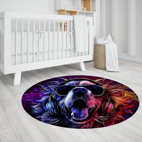 Runde Teppiche Hören Musik Hund Kreis Bereich Teppich rutschfest niedrigfloriger runder Teppich für Erwachsene Teenager Schlafzimmer Wohnzimmer Sofa Wohnkultur 80cm von LANDERSION