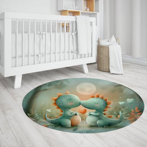 Runde Teppiche Niedlicher Dinosaurier Kinderzimmer Bereich Teppich Süßes Karikaturtier Tier waschbar grüner Kreis Teppich für Schlafzimmer Badezimmer Weiches niedrigfloriges Dekor 240cm von LANDERSION