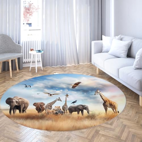 Runder Kinderzimmerteppich Wildnis Tier Giraffe Löwe Elefant Zoo Kreis Bereich Teppiche Waschbarer Rutschfester niedriger Florteppich für Schlafzimmer Klassenzimmer 90cm Runder Kinderzimmerteppich Wildnis Tier Giraffe Löwe Elefant Zoo Kreis Bereich Teppiche Waschbarer Rutschfester niedriger Florteppich für Schlafzimmer Klassenzimmer 90cm von LANDERSION