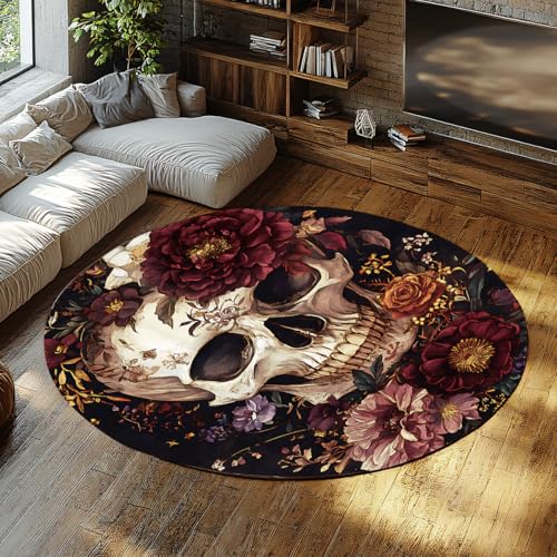 Runder Teppich Blume Schädel Gothic Halloween Kreis Bereich Teppiche Waschbar Weicher Rutschfester Wurf Teppich für Wohnzimmer Schlafzimmer Küche Sofa 200cm von LANDERSION