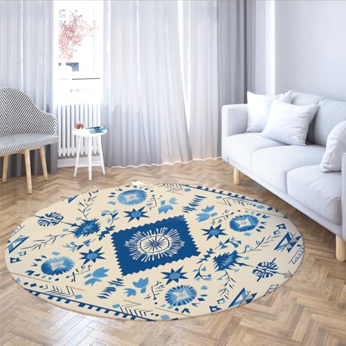 Runder Teppich Volkskunst Traditioneller floraler geometrischer Teppich Rutschfester niedrigfloriger Kreisteppich für Wohnzimmer Schlafzimmer Wäscherei Küche 140cm von LANDERSION