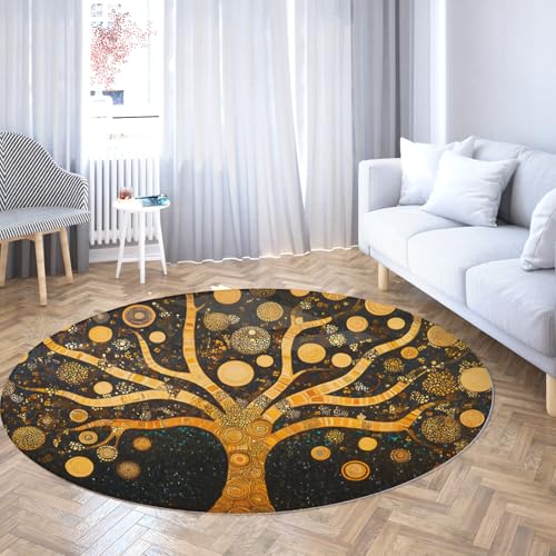 Runder Teppich Waschbare Kreisteppiche Retro Life Tree Rutschfester niedrigfloriger Ölgemäldeteppich für Schlafzimmer Büro Couchtisch Mat Dekor 90cm von LANDERSION