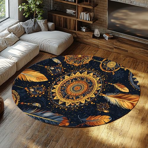 Rutschfester runder Teppich Tribal Federdruck Stuhlmatte Vintage Boho Accent Circle Teppiche Waschbarer Niederflorteppich für Schlafzimmer Küche 90cm von LANDERSION