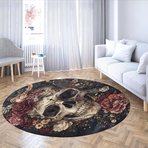 Skull Roses Pfingstrose Runder Teppich Weicher Rutschfester waschbarer Indoor Bodenteppich Retro Gothic Circle Area Teppiche für den Eingangsbereich Büro Esszimmer Spielzimmer 90cm Skull Roses Pfingstrose Runder Teppich Weicher Rutschfester waschbarer Indoor Bodenteppich Retro Gothic Circle Area Teppiche für den Eingangsbereich Büro Esszimmer Spielzimmer 90cm von LANDERSION