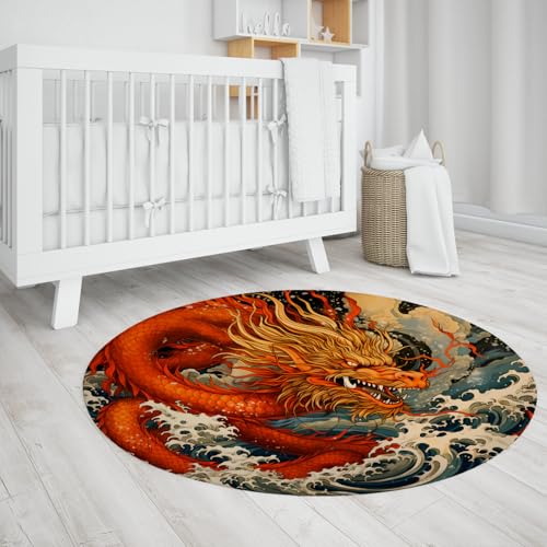 Ultra weiche, rutschfeste runde Teppiche mythischer Drache Ocean Wave Japanisches Dekor waschbarer niedrigfloriger Kreisteppich für Wohnzimmer Schlafzimmer 140cm Ultra weiche, rutschfeste runde Teppiche mythischer Drache Ocean Wave Japanisches Dekor waschbarer niedrigfloriger Kreisteppich für Wohnzimmer Schlafzimmer 140cm von LANDERSION