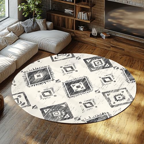 Vintage Schwarz und Weiß Runde Bereich Teppiche Diamant Geometrischer Boho Design Teppich Rutschfester waschbarer niedrigfloriger Kreisteppich für Wohnzimmer 240cm Vintage Schwarz und Weiß Runde Bereich Teppiche Diamant Geometrischer Boho Design Teppich Rutschfester waschbarer niedrigfloriger Kreisteppich für Wohnzimmer 240cm von LANDERSION