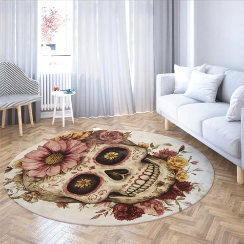 Vintage Totenköpfe und floraler runder Teppich abstrakte ästhetische Kunst kreisförmige Teppiche waschbarer Rutschfester dünner Teppich für Wohnzimmer Schlafzimmer 240cm Vintage Totenköpfe und floraler runder Teppich abstrakte ästhetische Kunst kreisförmige Teppiche waschbarer Rutschfester dünner Teppich für Wohnzimmer Schlafzimmer 240cm von LANDERSION
