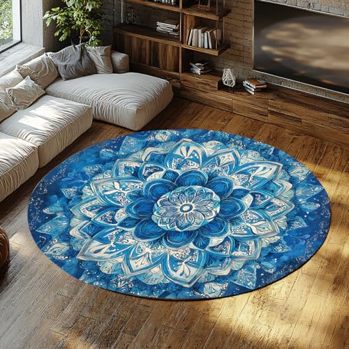 Waschbare Boho Runde Teppiche Eleganter Lotus Floral Marineblau Teppich Rutschfester niedriger Flor Kreis Kleiner Teppich für Esszimmer Spielzimmer 240cm Waschbare Boho Runde Teppiche Eleganter Lotus Floral Marineblau Teppich Rutschfester niedriger Flor Kreis Kleiner Teppich für Esszimmer Spielzimmer 240cm von LANDERSION