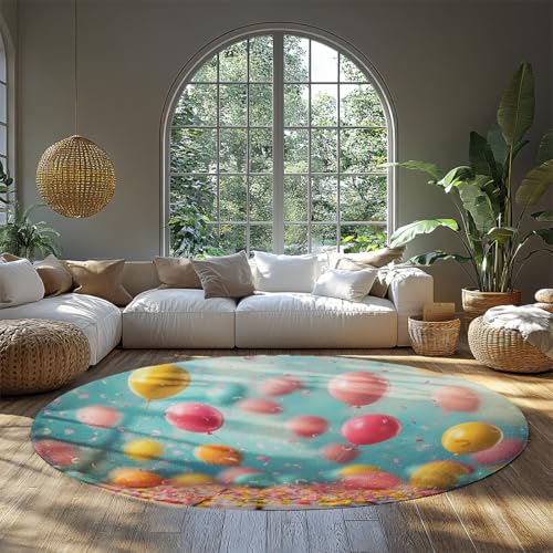 Waschbare runde Teppiche Party Ballon 3D Druck Design weicher niedriger Flor Rutschfester runder Teppich für Wohnzimmer Schlafzimmer Urlaub Dekor 80cm von LANDERSION