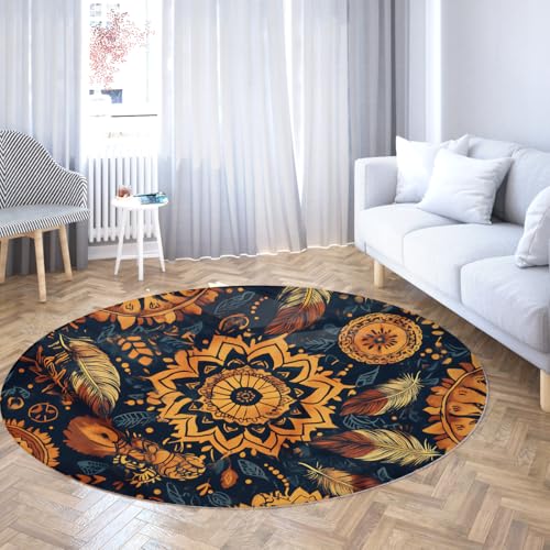 Waschbarer runder Teppich Vintage Ethnic Tribal Blumenfedermuster Kreis Teppiche für Schlafzimmer Weicher Rutschfester Boho-Teppich für Wohnzimmer 200cm Waschbarer runder Teppich Vintage Ethnic Tribal Blumenfedermuster Kreis Teppiche für Schlafzimmer Weicher Rutschfester Boho-Teppich für Wohnzimmer 200cm von LANDERSION