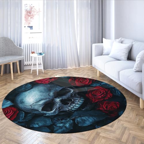 Waschbarer runder Teppich abstrakte Schädel Pflanze Rose rutschfeste Kreisteppiche niedrigflorige weiche schwarz und rot Bedruckte Bodenmatte für das Büro Spielzimmer 200cm von LANDERSION