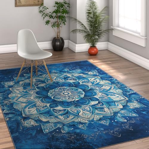Weiche, waschbare Boho Teppiche Eleganter Lotus Blumenteppich in Marineblau Rutschfester niedriger Flor Innenteppich für das Esszimmer Spielzimmer 60x90cm Weiche, waschbare Boho Teppiche Eleganter Lotus Blumenteppich in Marineblau Rutschfester niedriger Flor Innenteppich für das Esszimmer Spielzimmer 60x90cm von LANDERSION