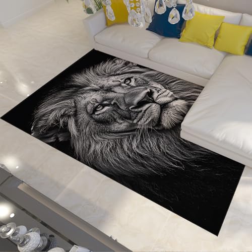 Wild Animal Lion Head Teppich Schwarze Fläche Teppiche Matte für Wohnzimmer Schlafzimmer Anti-Rutsch Low Pile Boden Teppich Home Indoor Decor 60x90cm von LANDERSION