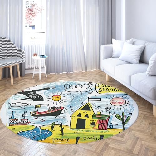 rutschfeste runde Teppichmatte unter Schreibtisch Stuhl Bodendekoration waschbare Teppiche niedlicher lustiger handgezeichneter Kreis Bereich Teppich für Schlafzimmer Klassenzimmer 240cm rutschfeste runde Teppichmatte unter Schreibtisch Stuhl Bodendekoration waschbare Teppiche niedlicher lustiger handgezeichneter Kreis Bereich Teppich für Schlafzimmer Klassenzimmer 240cm von LANDERSION
