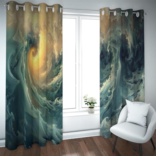 LANDOCROWN Abstrakte Meer Thema Verdunkelungsvorhänge für Schlafzimmer Abstrakte Ozean Wellendrucke Raum Verdunkelungsvorhänge Sonnenuntergang Winddichte Vorhänge 2X B140 x H280 cm von LANDOCROWN