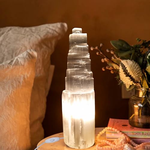 Landster Selenit Lampe 40 cm – Handgefertigter Selenit Kristall Turm – Natürliche Edelstein Tischlampe für Reinigung, Meditation & Dekoration – Ambientelicht Home Decor von LANDSTER