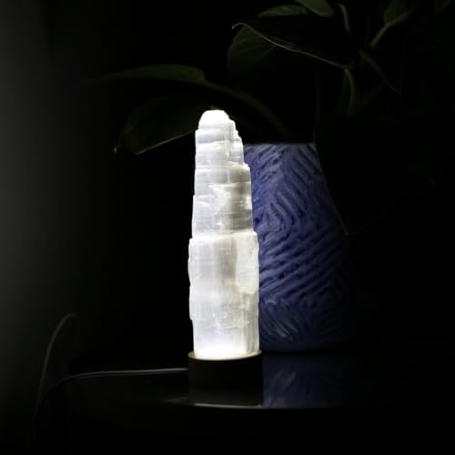 LANDSTER Selenit USB Lampe Selenit Tischlampe LED Weißlicht mit Holzsockel Ladeturm Selenit kristall nachttischlampe Edelstein lampe Reinigung Dekoration home decor (15 CM) von LANDSTER